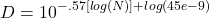 \begin{equation*} D = 10^{-.57[ log(N)]+log(45e-9)} \end{equation*}