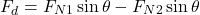 \begin{equation*} F_d = F_{N1} \sin{\theta} - F_{N2} \sin{\theta} \end{equation*}