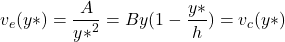 \begin{equation*} \italics{v_e(y*)} = \frac{A}{y*^2} = By(1-\frac{y*}{h}) = \italics{v_c(y*)} \end{equation*}
