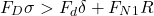 \begin{equation*} F_D \sigma > F_d \delta + F_{N1} R \end{equation*}