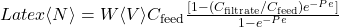 Latex \langle N \rangle = W\langle V \rangle C_{\text{feed}} \frac{[1-(C_{\text{filtrate}}/C_{\text{feed}})e^{-Pe}]}{1-e^{-Pe}}