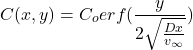 \begin{equation*} C(x,y)= C_oerf(\frac{y}{2\sqrt{\frac{Dx}{v_\infty}}}) \end{equation*}