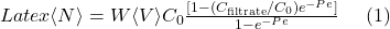 Latex \langle N \rangle = W\langle V \rangle C_{0} \frac{[1-(C_{\text{filtrate}}/C_{0})e^{-Pe}]}{1-e^{-Pe}} \ \ \ \ (1)