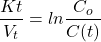 \begin{equation*} \frac{K t}{V_t} = ln\frac{C_o}{C(t)} \end{equation*}
